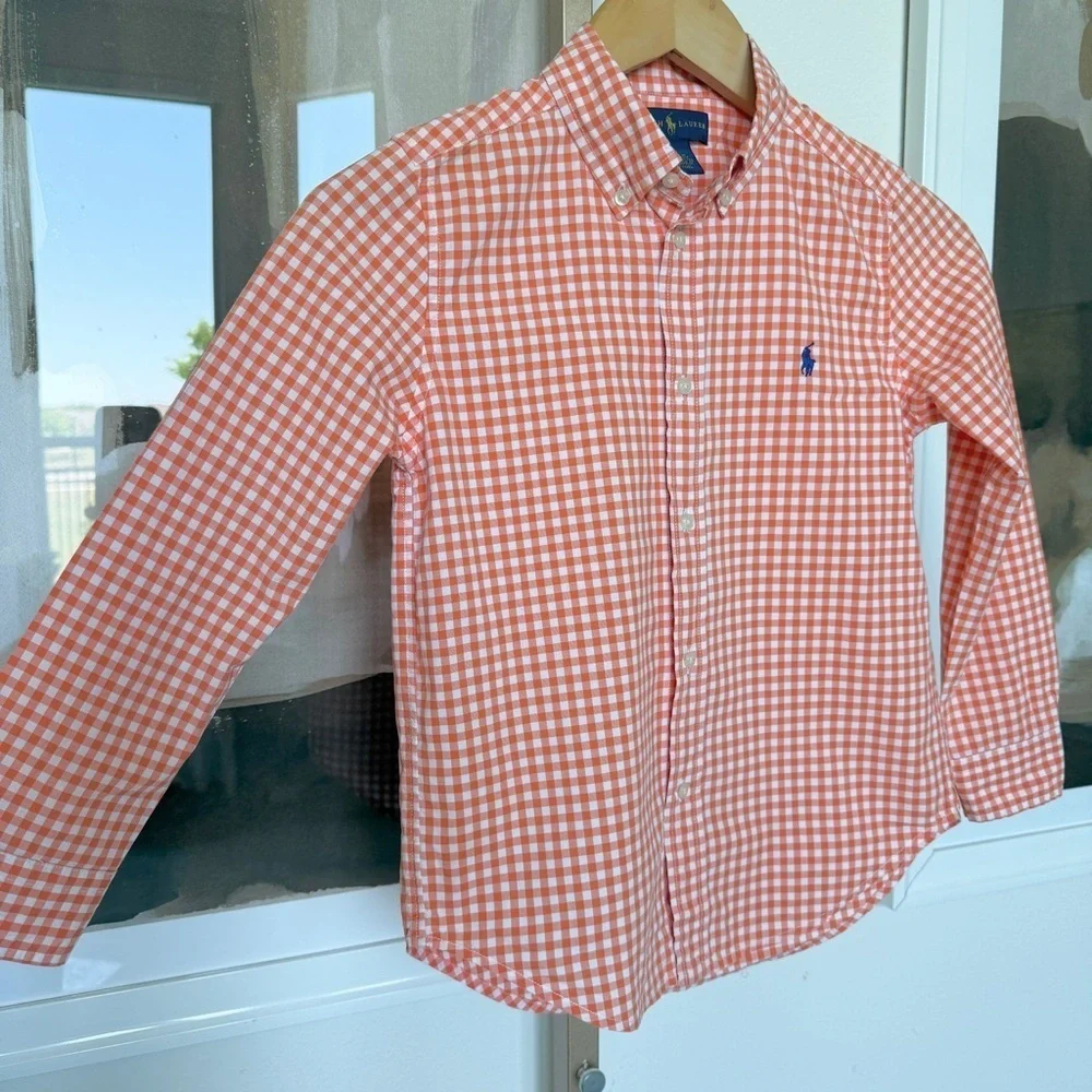 Ralph Lauren Boys Orange Gingham Long Sleeve Button-Up Size 7 Casual Spring